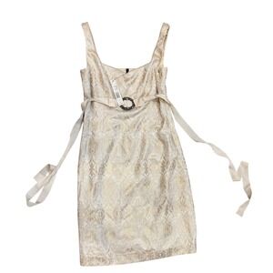 Tahari Gold Brocade Damask Emerald Dress Rhinestone Buckle Cocktail NWT Size 4
